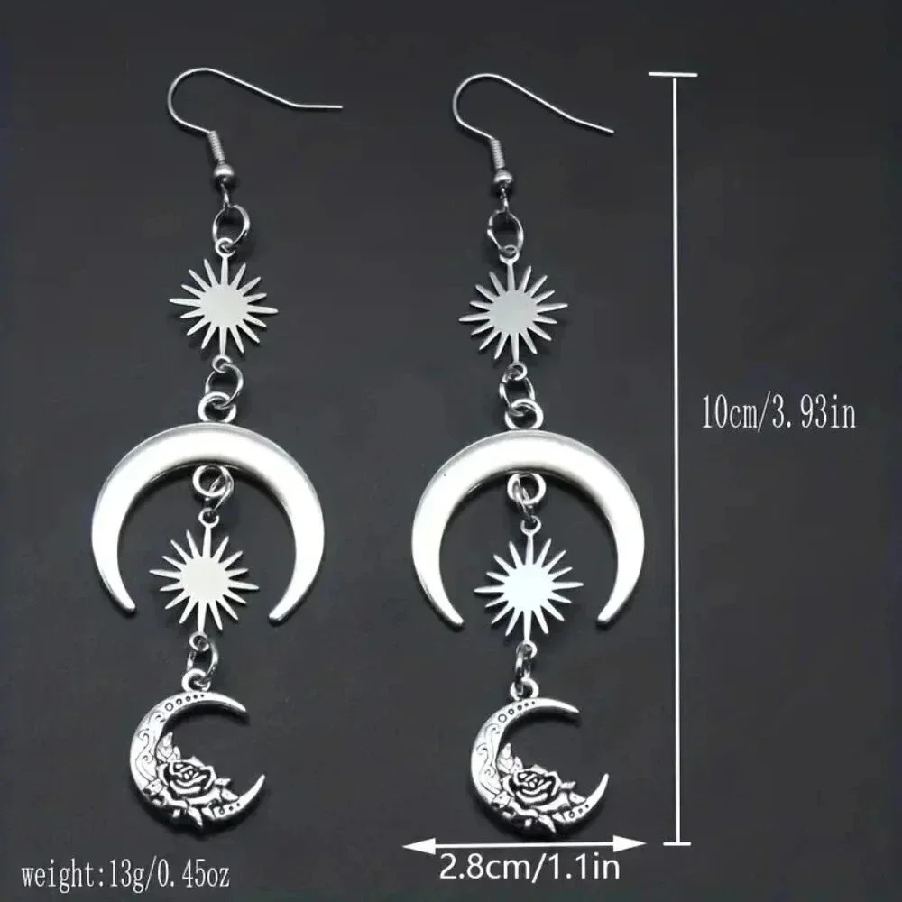 Silvery Sun Moon Flower Design Dangle Earrings - Picture 3 of 4